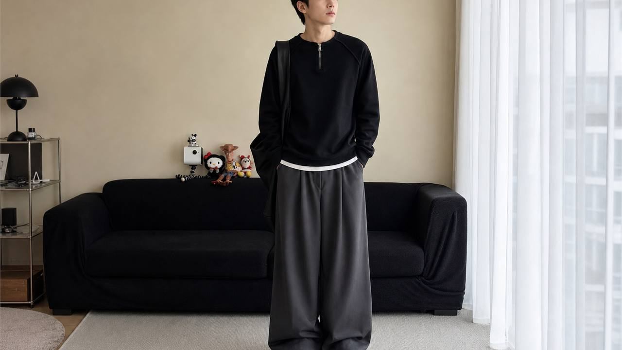 Phối quần ống rộng nam với sweatshirt để giữ outfit gọn gàng và dễ mặc