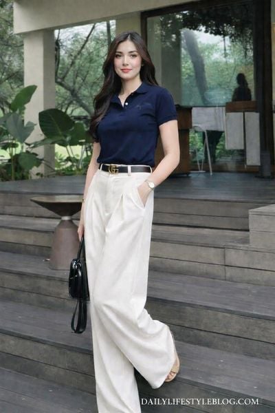 Phối đồ với quần ống suông nữ - áo polo dệt kim