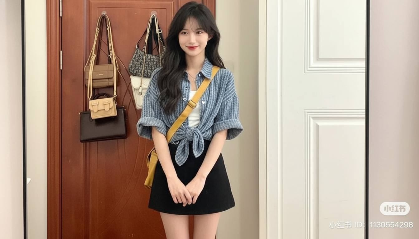 Áo thun basic phối sơ mi buộc vạt cùng chân váy ngắn trẻ trung