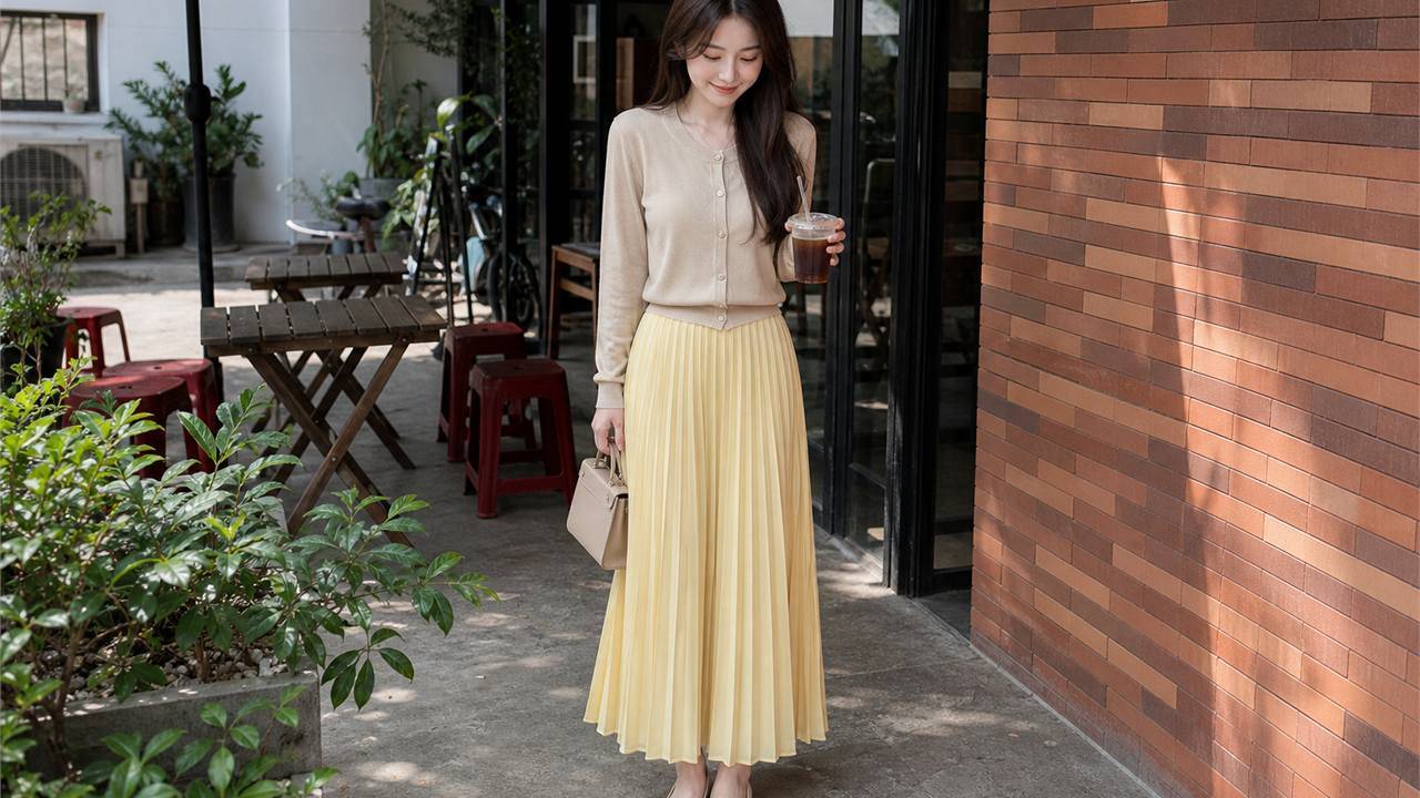 Chân váy vàng phối với áo màu be theo hướng trưởng thành và thanh lịch
