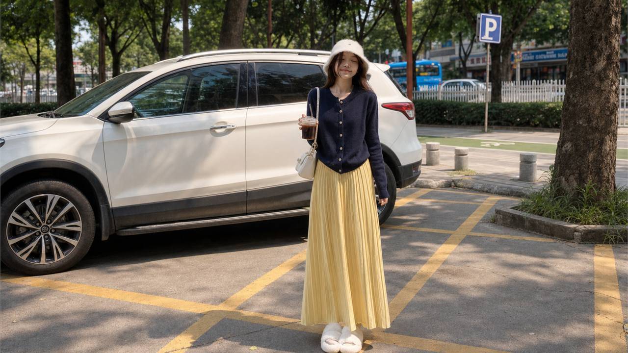 Chân váy vàng phối với áo xanh navy theo hướng preppy và thanh lịch