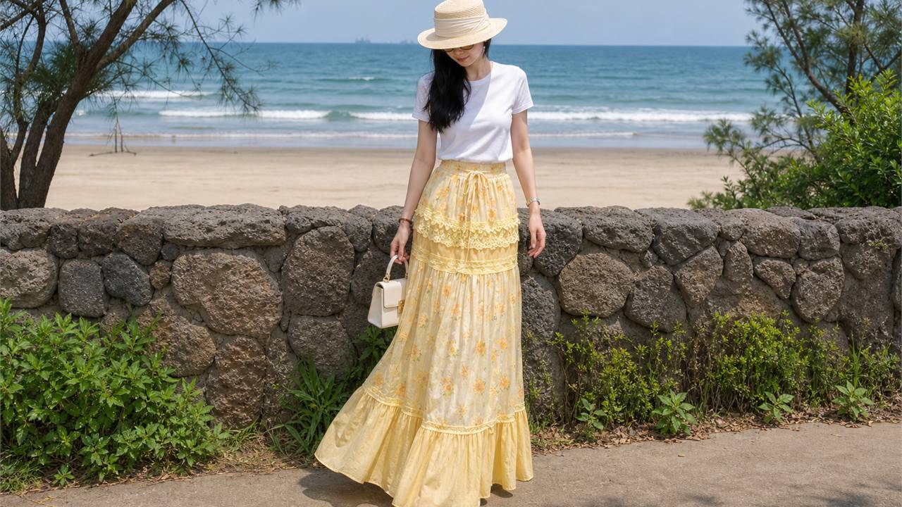 Áo thun trơn là kiểu áo dễ phối nhất với chân váy vàng để tổng thể gọn gàng