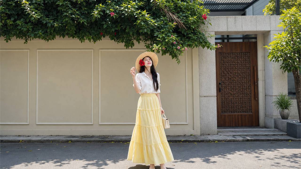 Blouse tối giản là lựa chọn hợp với chân váy vàng khi muốn tổng thể sang hơn