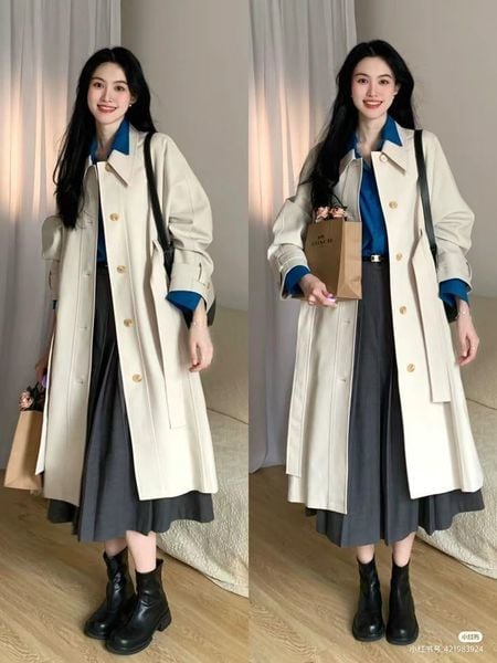 Set đồ đi chơi Tết cho nữ - Áo khoác dạ mỏng hoặc trench coat phối váy