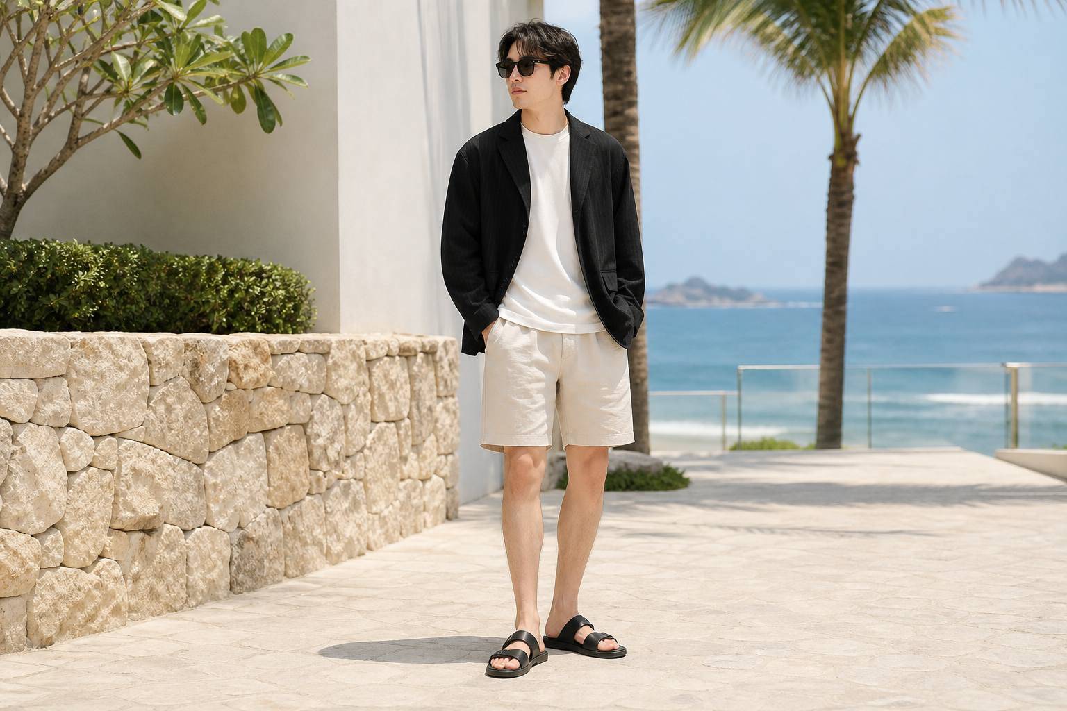 Outfit đi biển nam với áo linen và sandal tối giản