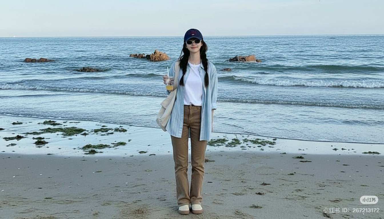 Áo thun basic phối sơ mi khoác ngoài cùng quần kaki nữ năng động