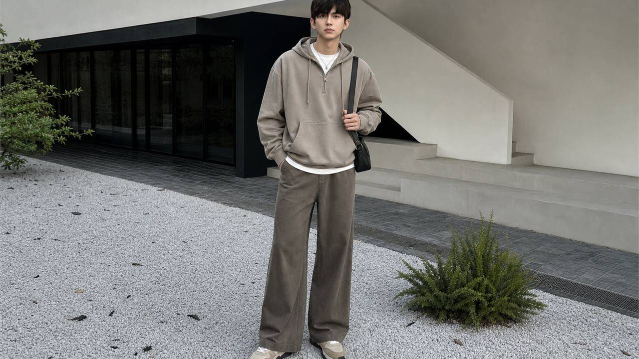 Phối quần ống rộng nam với hoodie mỏng theo phong cách streetwear gọn gàng