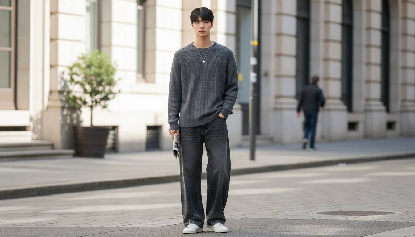 Quần ống suông nam phối áo sweater mềm và gọn cho ngày mát