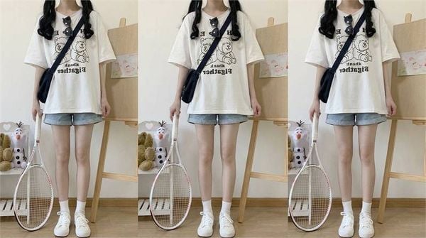 Áo thun form rộng nữ phối quần short denim năng động