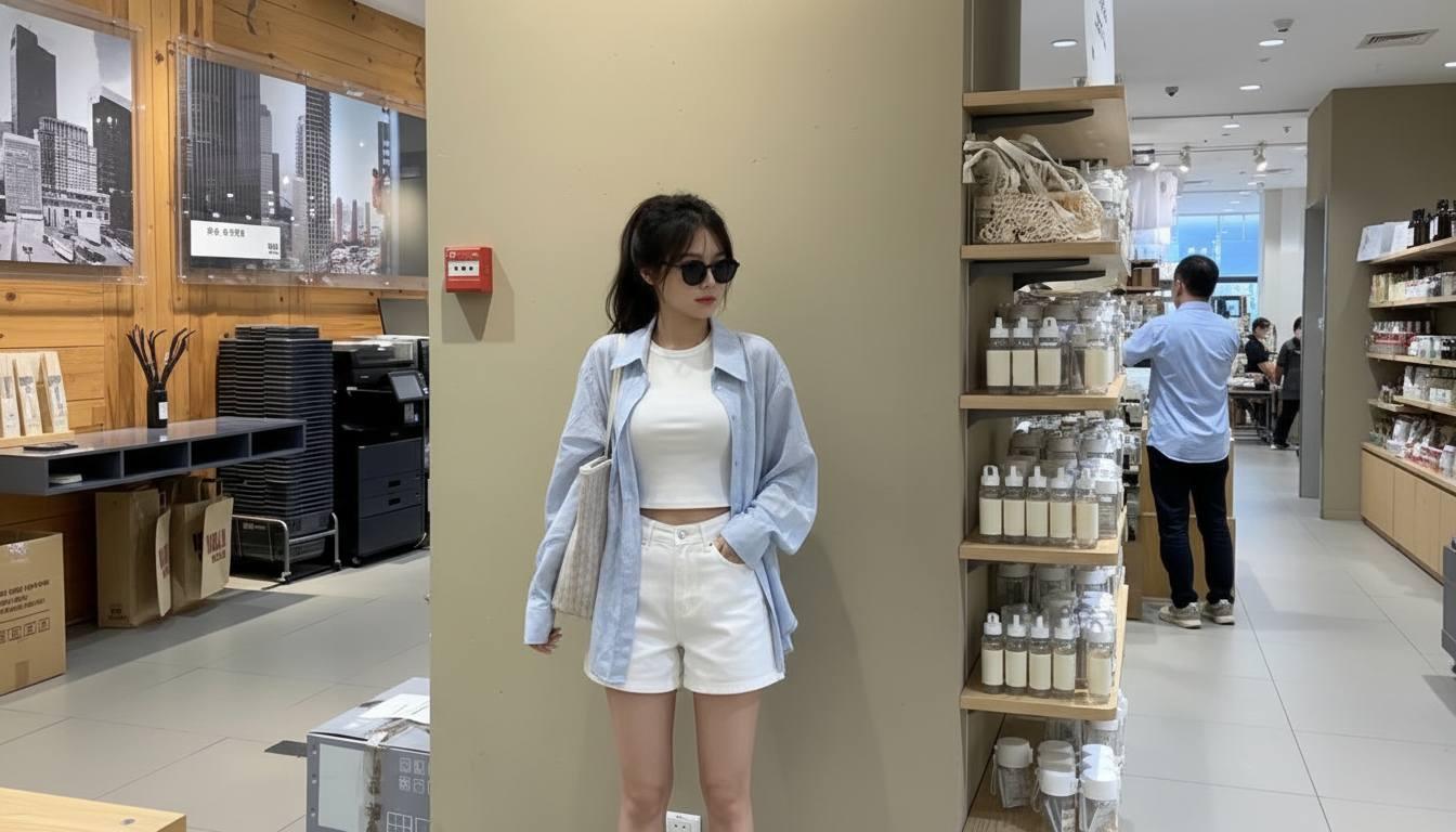 Áo thun ôm phối sơ mi oversized cùng quần short nữ năng động