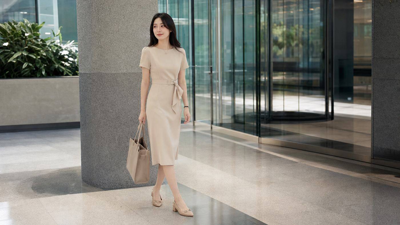Phối đồ công sở với váy liền thân đơn sắc có điểm nhấn ở eo