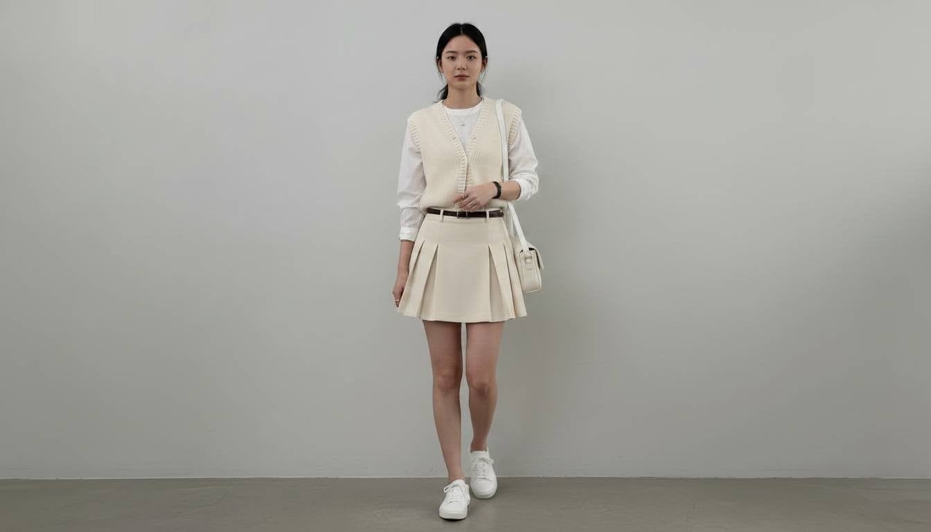 Chân váy ngắn phối áo gile len và sơ mi trắng theo phong cách preppy