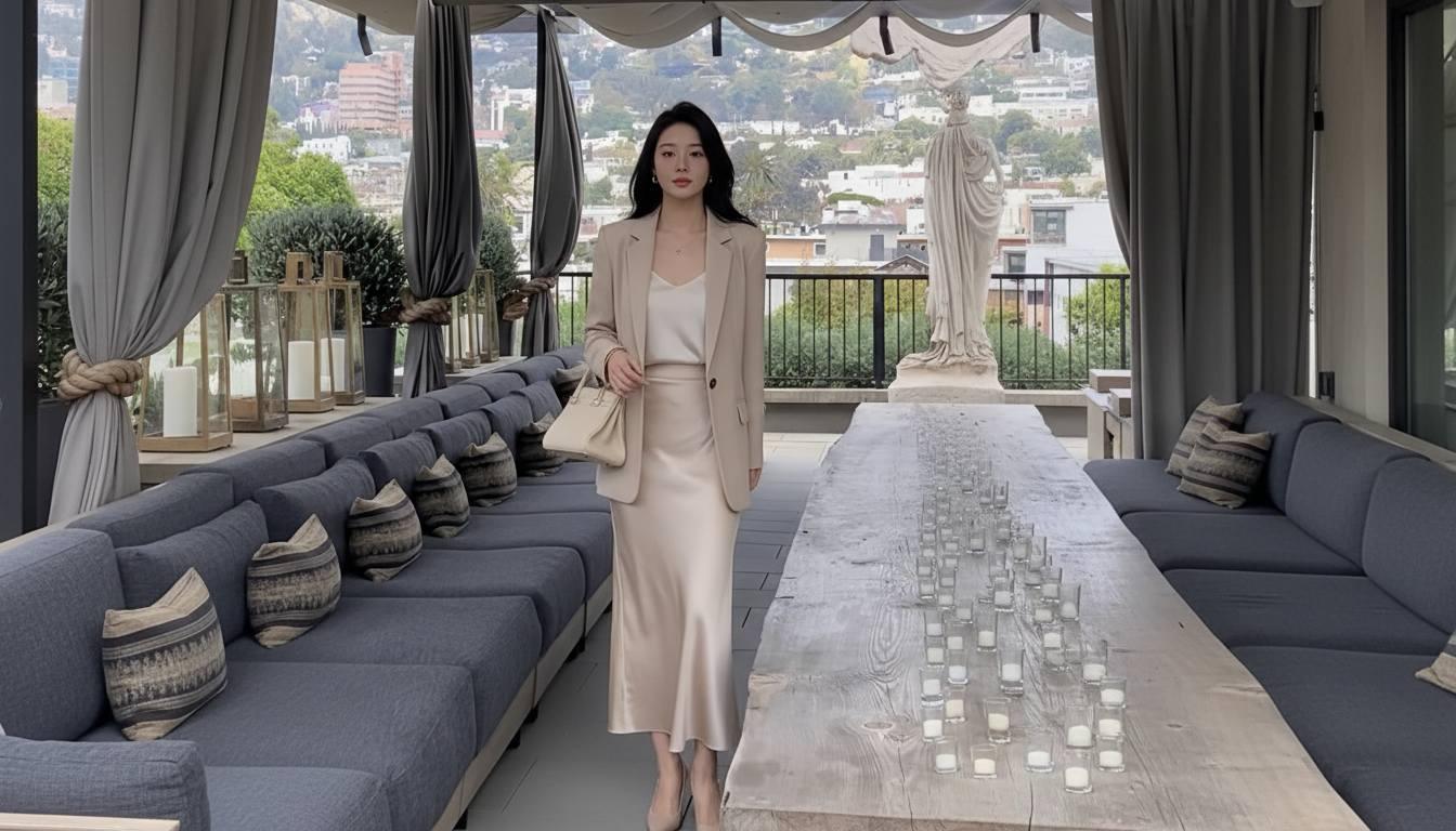 Chân váy lụa phối áo hai dây và blazer hiện đại tinh tế