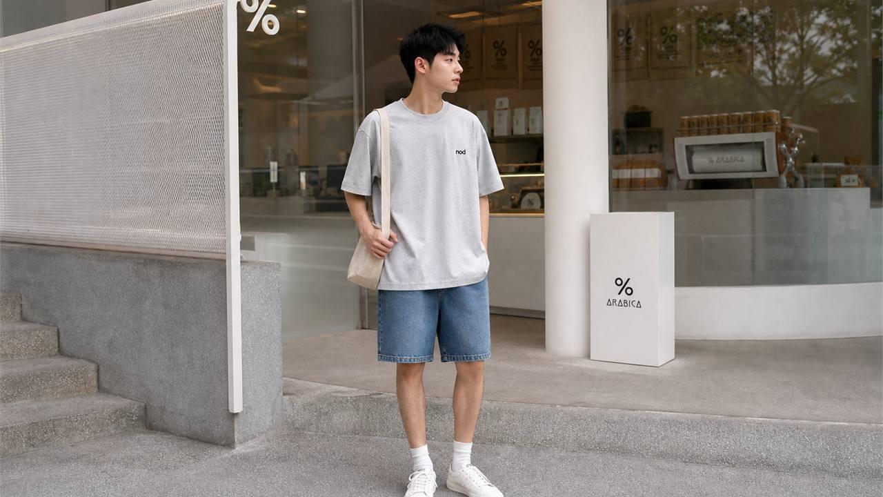 Áo thun oversize vừa phải phối với quần short jeans nam