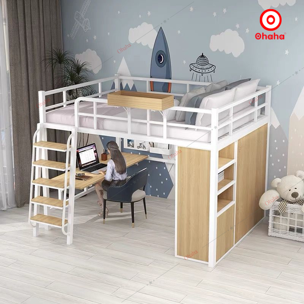 Giường tầng sắt kết hợp bàn học và tủ quần áo hiện đại