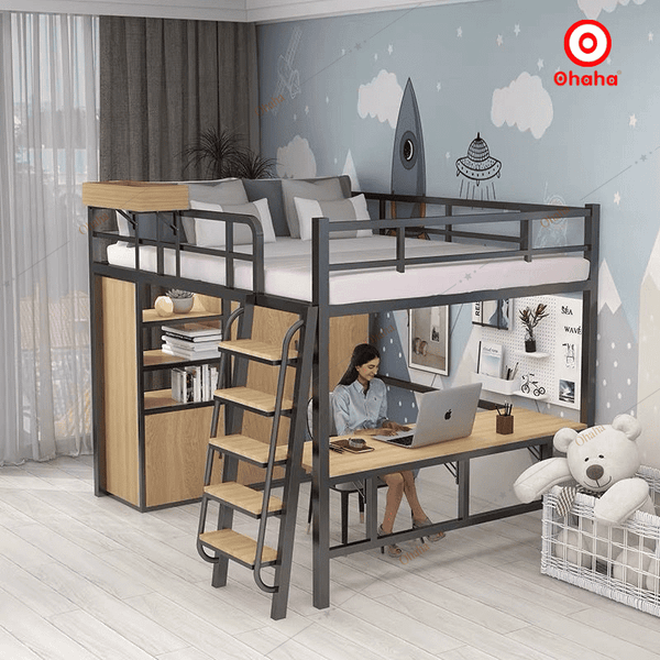 Giường tầng sắt thông minh kết hợp bàn học và tủ quần áo