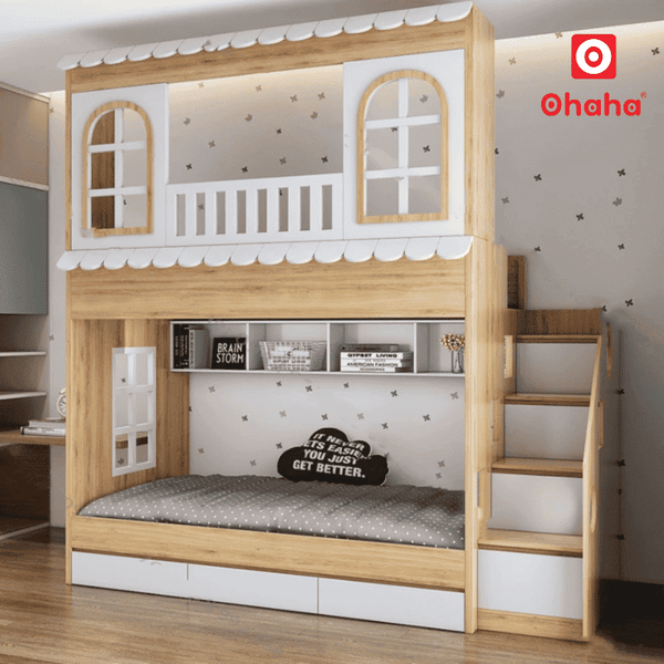 Giường tầng thông minh màu trắng – vân gỗ cho bé