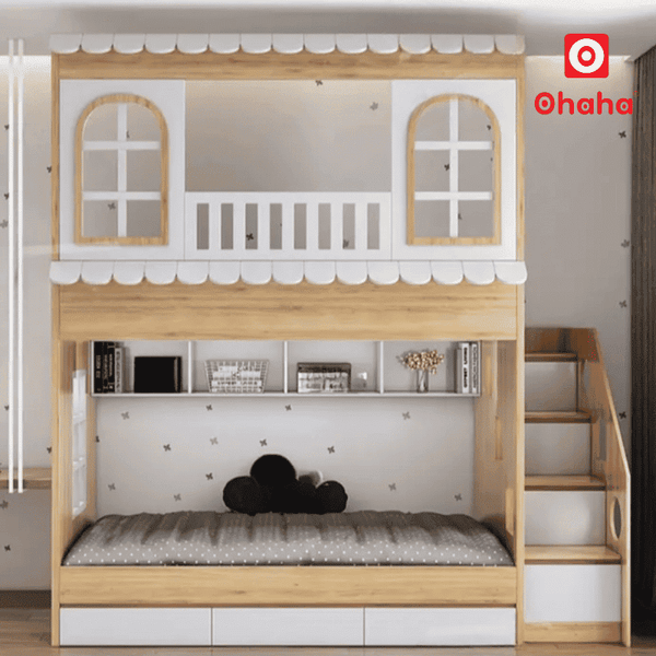 Giường tầng thông minh hình mái nhà cho bé OHAHA thiết kế dễ thương