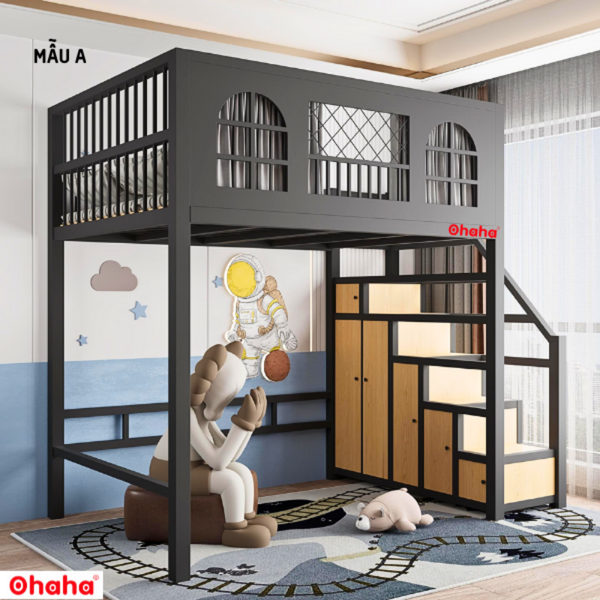 giường tầng trẻ em khung sắt chắc chắn tích hợp cầu thang chứa đồ