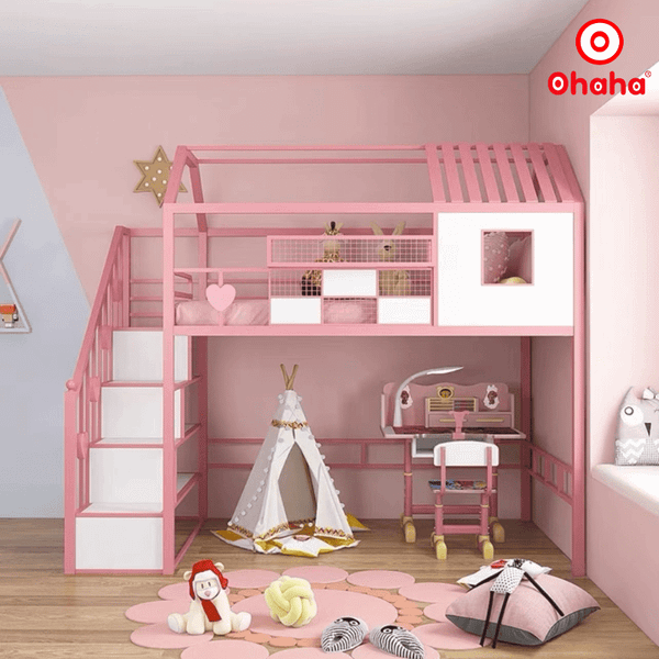 Mẫu giường tầng sắt thông minh màu hồng dễ thương an toàn dành cho bé gái