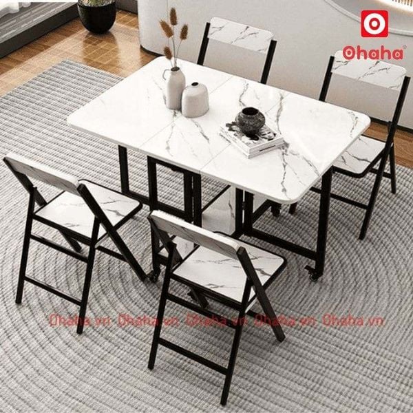Bàn ăn xếp gọn 2 cánh cho gia đình 4 người có ghế và bánh xe OHAHA - BA023