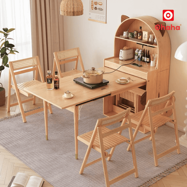 Bộ bàn ăn xếp gọn kết hợp tủ bếp hình tai mèo hiện đại, tiện lợi