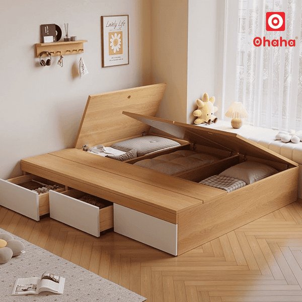 Giường ngủ kiểu hộp nâng đầu giúp không gian lưu trữ rộng rãi