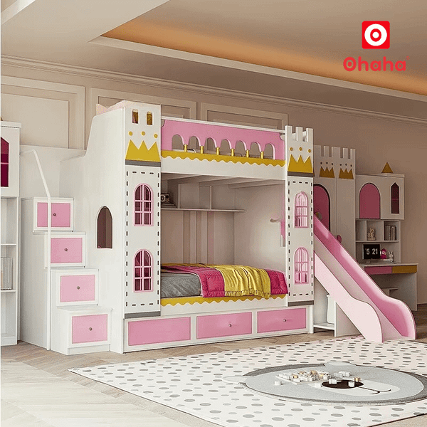 Mẫu giường tầng lâu đài công chúa màu hồng