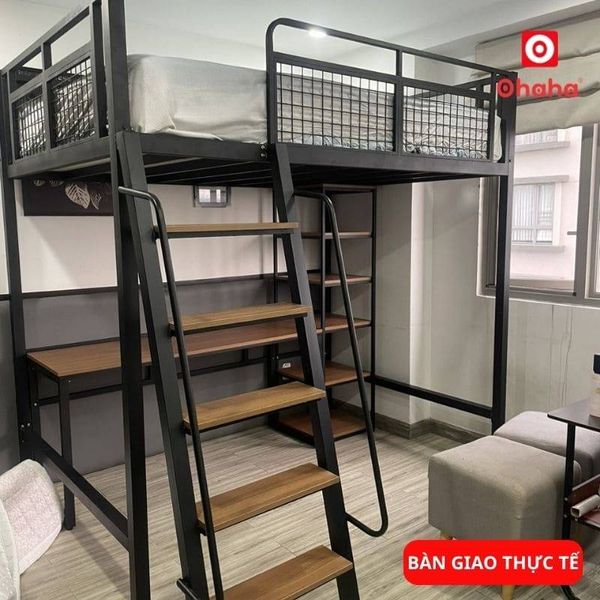 Giường tầng thông minh khung sắt kết hợp bàn học đa năng, hiện đại
