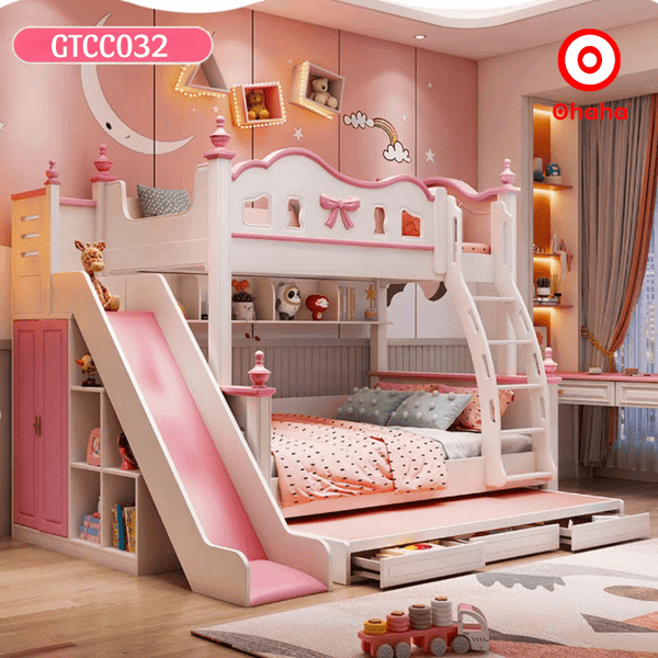 Giường tầng cho bé gái màu hồng phong cách dễ thương