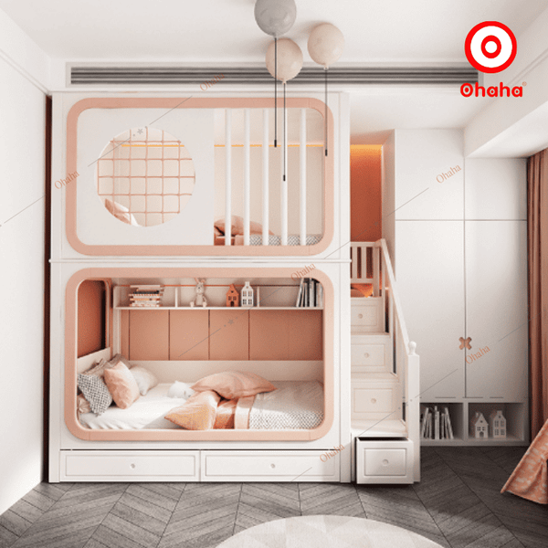 Mẫu giường tầng cao cấp hiện đại màu hồng dễ thương cho bé gái