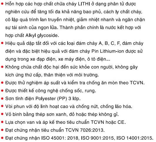 Đặc tình kỹ thuật của bình chữa cháy Sông Hồng ĐA NĂNG GỐC NƯỚC CHÍNH HÃNG