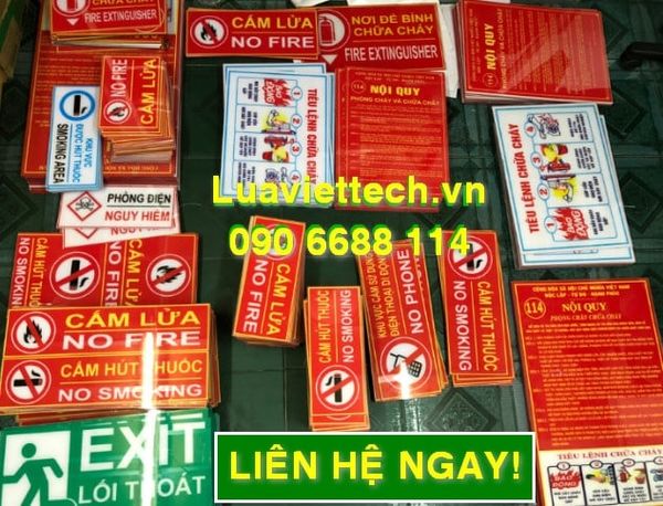 Đầy đủ các loại bảng hiệu lệnh dùng trong phòng cháy chữa cháy (PCCC) như: Cấm lửa, cấm hút thuốc, tiêu lệnh và nội quy pccc, EXIT, lối thoát hiểm, nơi đặt bình chữa cháy,...