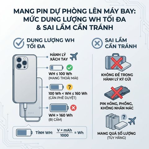 Mang Pin Dự Phòng Lên Máy Bay: Mức Dung Lượng Wh Tối Đa & Sai Lầm Cần Tránh