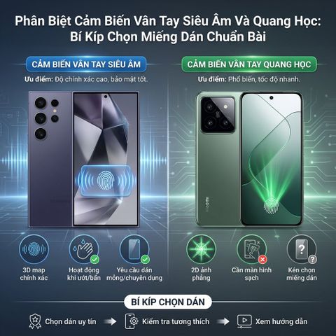 Phân Biệt Cảm Biến Vân Tay Siêu Âm Và Quang Học: Bí Kíp Chọn Miếng Dán Chuẩn Bài