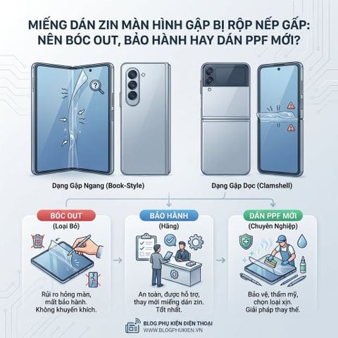 Miếng Dán Zin Màn Hình Gập Bị Rộp Nếp Gấp: Nên Bóc Out, Bảo Hành Hay Dán PPF Mới?