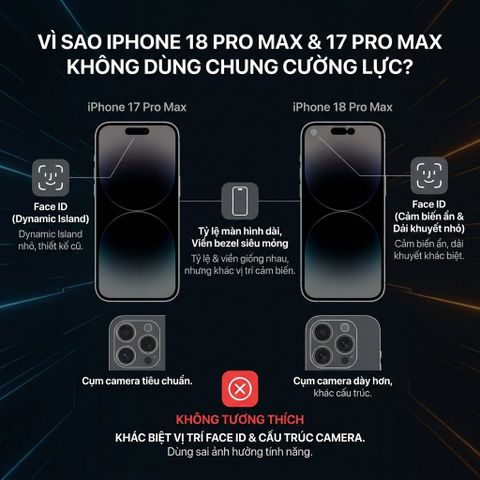 Vì sao iPhone 18 Pro Max và 17 Pro Max không thể dùng chung cường lực chống nhìn trộm hay nhám?