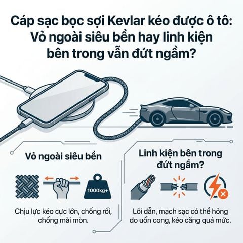 Cáp sạc bọc sợi Kevlar kéo được ô tô: Vỏ ngoài siêu bền hay linh kiện bên trong vẫn đứt ngầm?