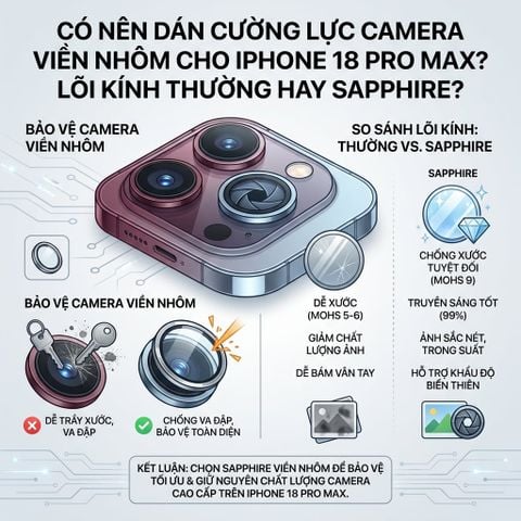 Có Nên Dán Cường Lực Camera Viền Nhôm Cho iPhone 18 Pro Max? Lõi Kính Thường Hay Sapphire?