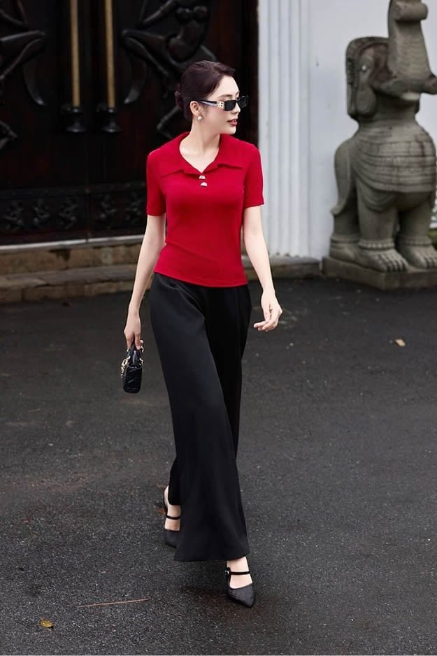 Set Áo Polo Ôm Thun Ướt và Quần Suông