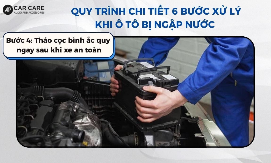 Bước 4 tháo cọc bình ắc quy ngay sau khi xe an toàn