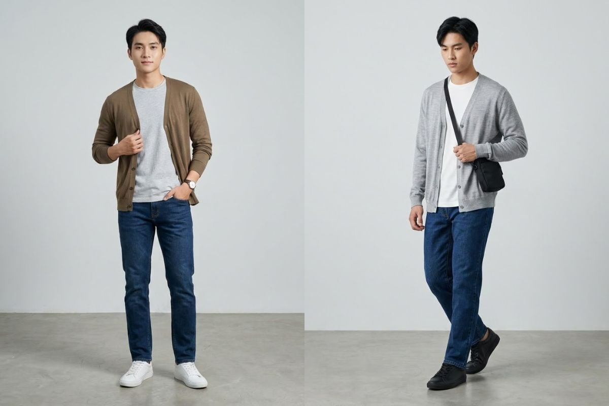 Outfit hàn với áo sơ cardigan, áo thun và quần jeans