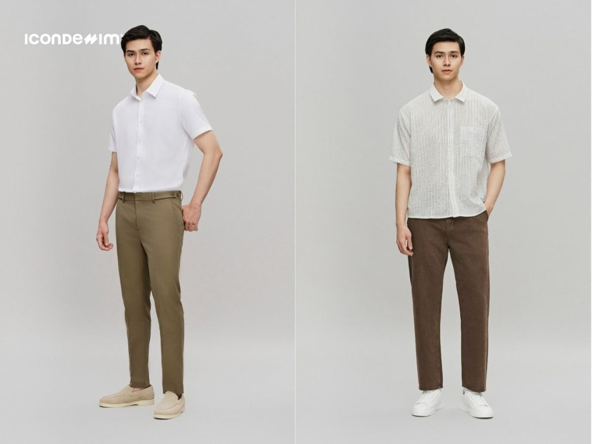Phối áo sơ mi trắng với quần kaki màu nâu