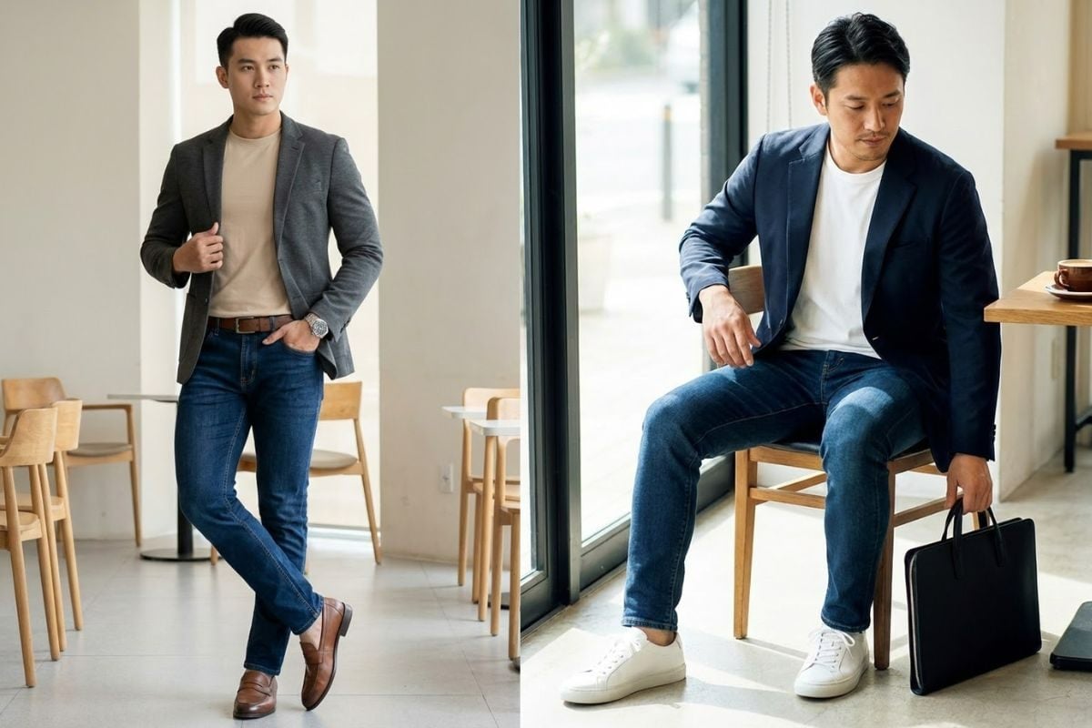 Công sở với áo thun trơn, jean slim fit và blazer