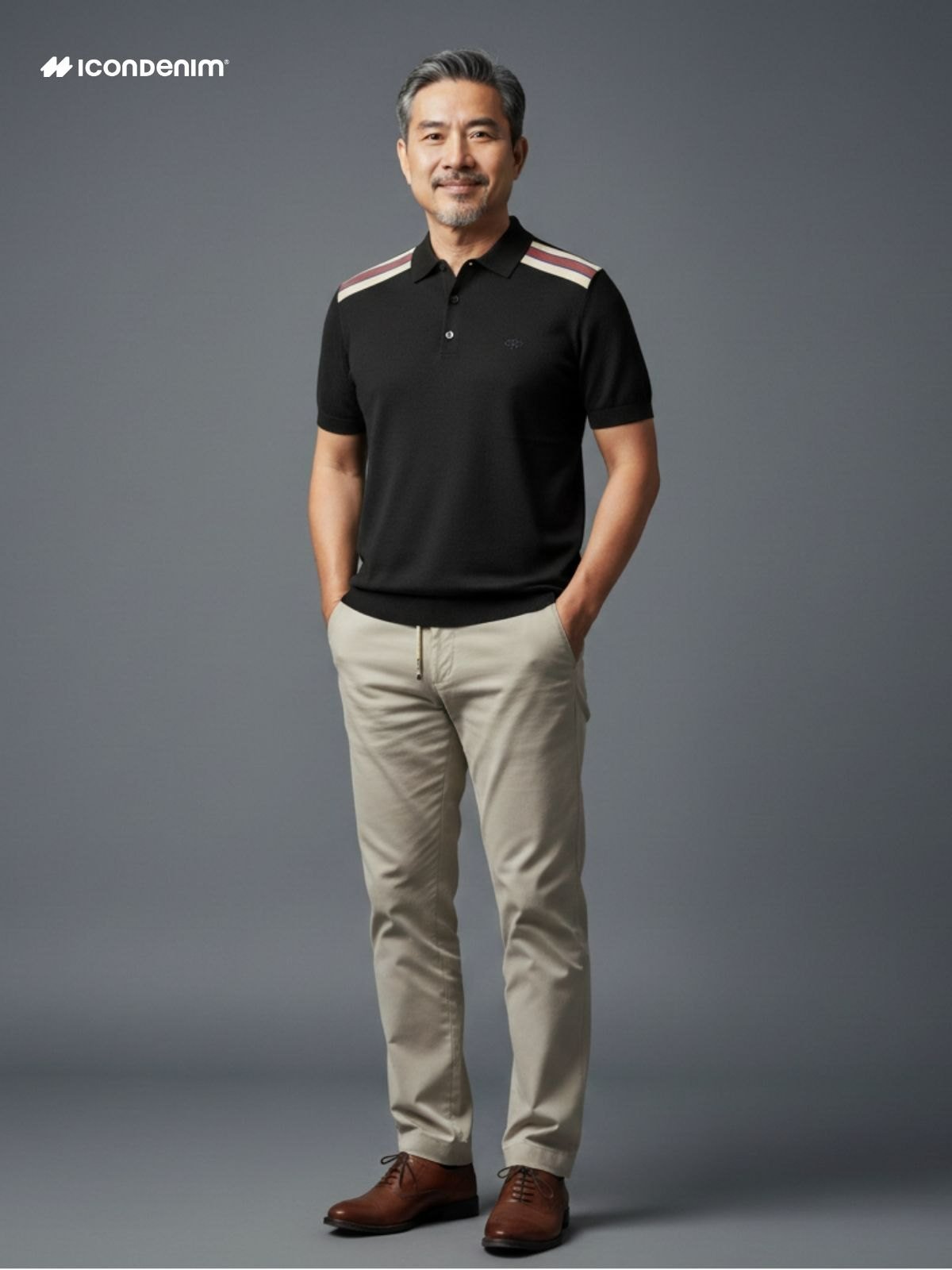 Bố diện áo polo màu be phối quần kaki xám và giày loafer