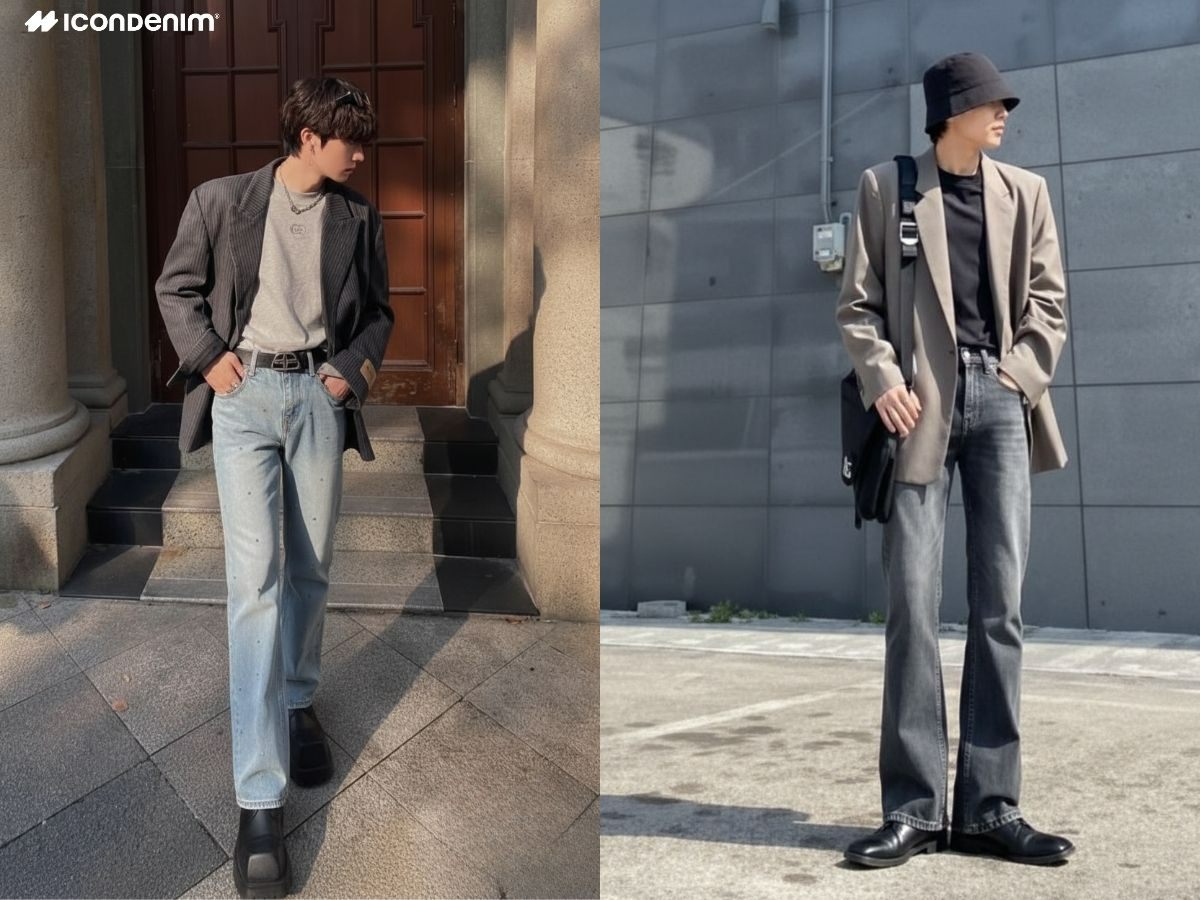 Phối áo blazer và quần jeans ống loe cho nam