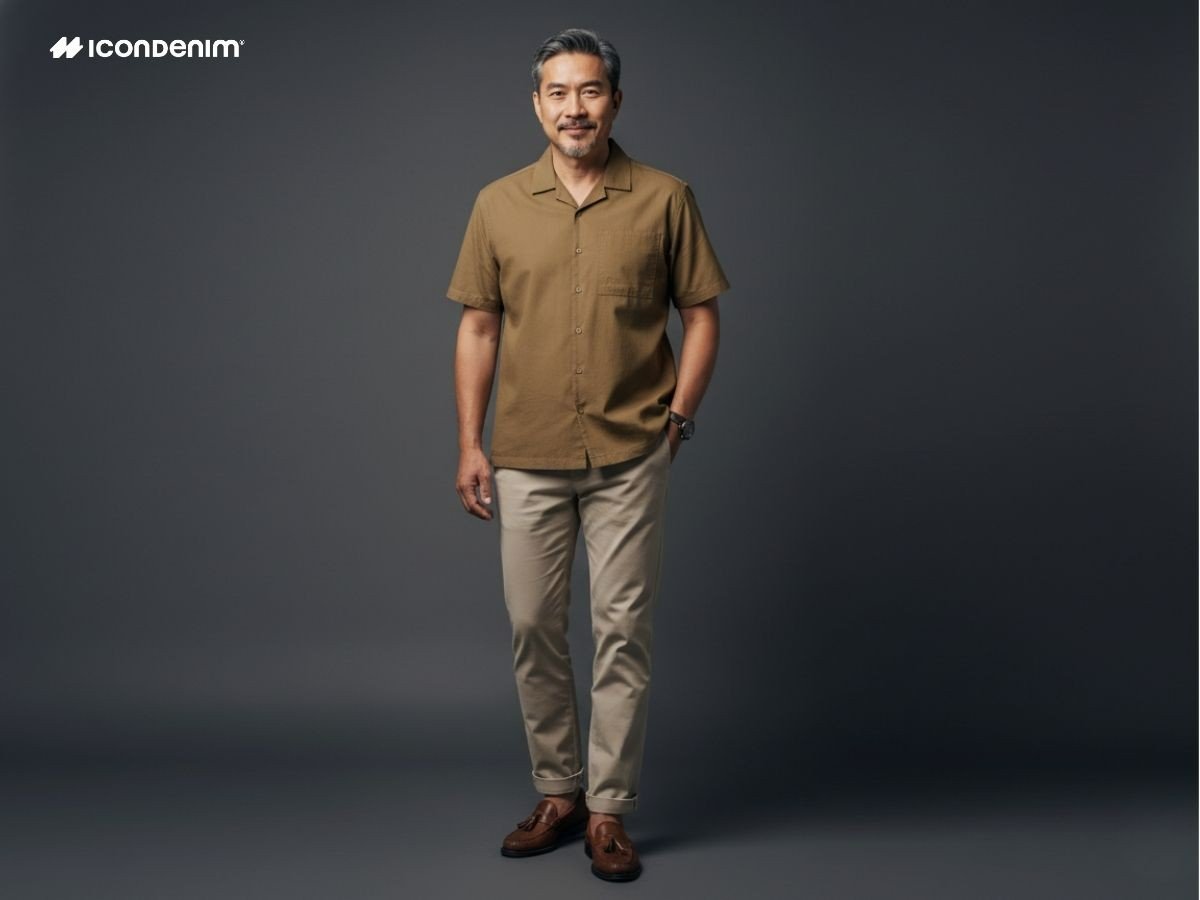 Bố mặc sơ mi linen cổ Cuban be nhạt cùng quần kaki sáng