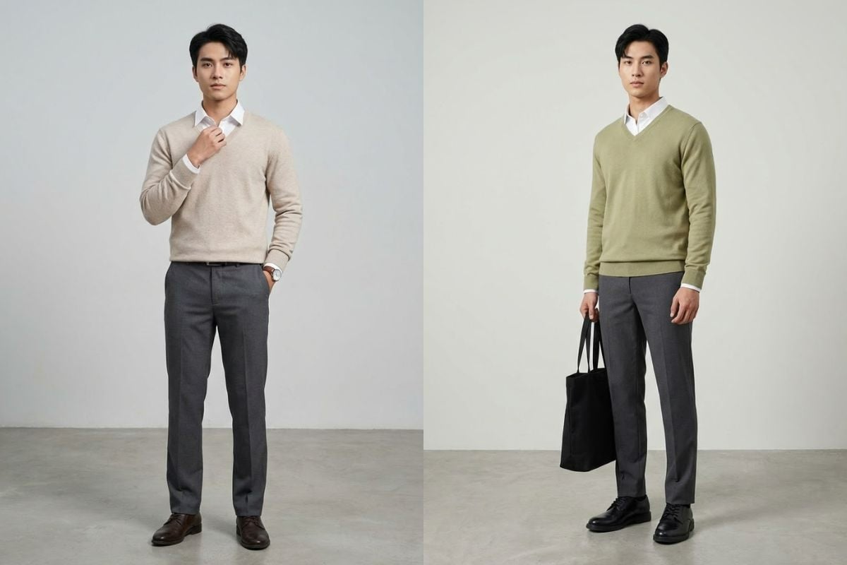 Áo len mỏng cổ tròn, sơ mi cổ bẻ và quần jean xám