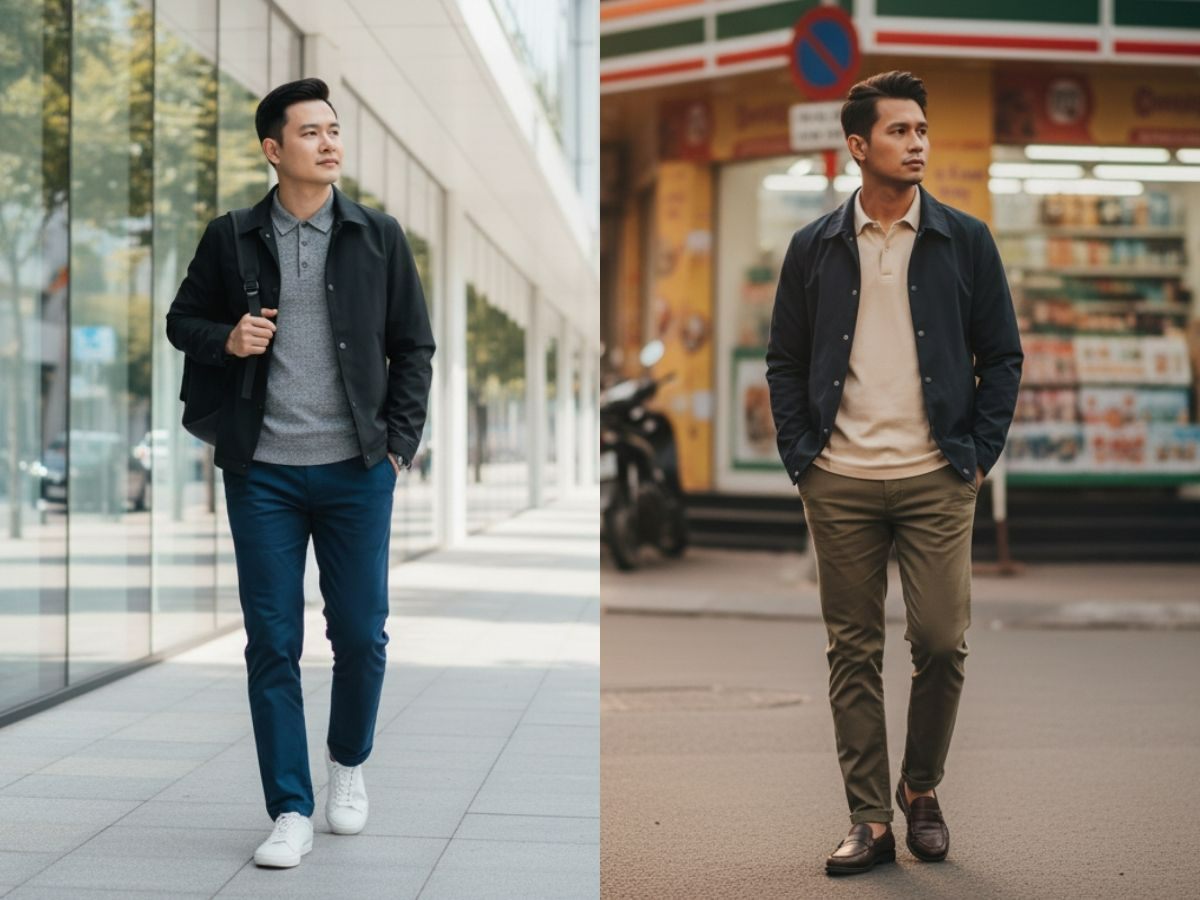 Áo polo dệt kim phối coach jacket đen, quần tây cotton và giày sneaker trắng