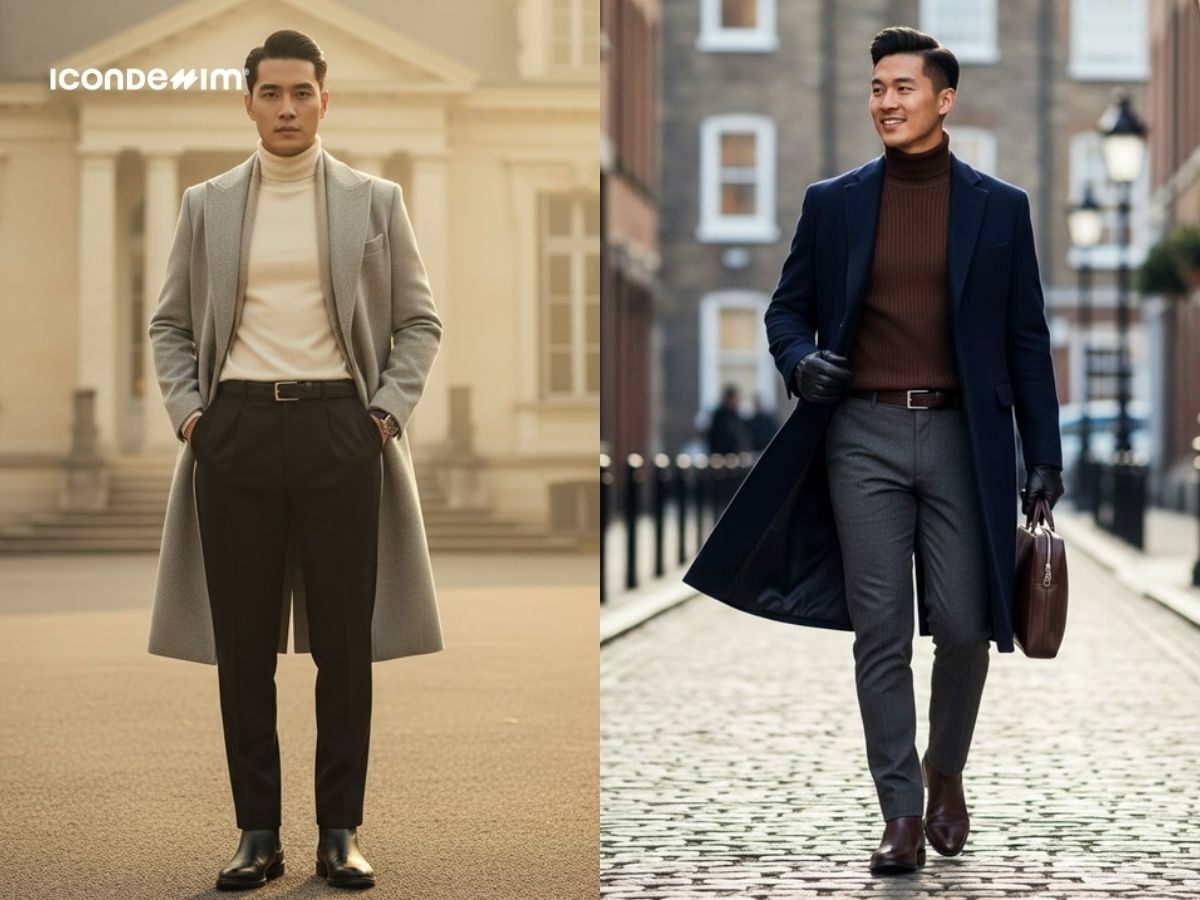 Áo len cổ lọ với áo khoác dạ dáng dài phù hợp để đi chúc Tết ngày lạnh